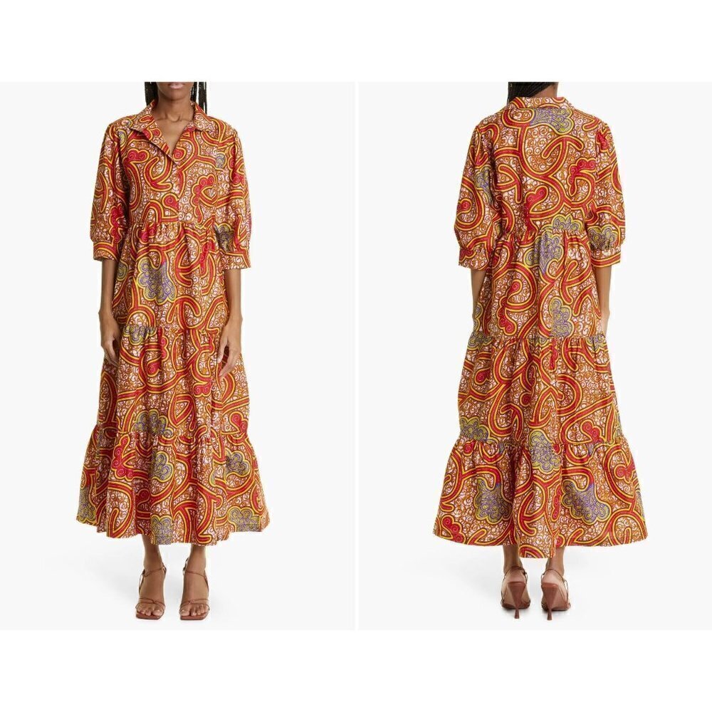 New The Oula Company Size M Print Tiered Maxi Dress Red Yellow